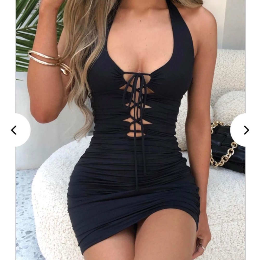 NWT Babyboo Fashion Silvana Black Lace Up Tie Front Mini Dress Bodycon Zip Back